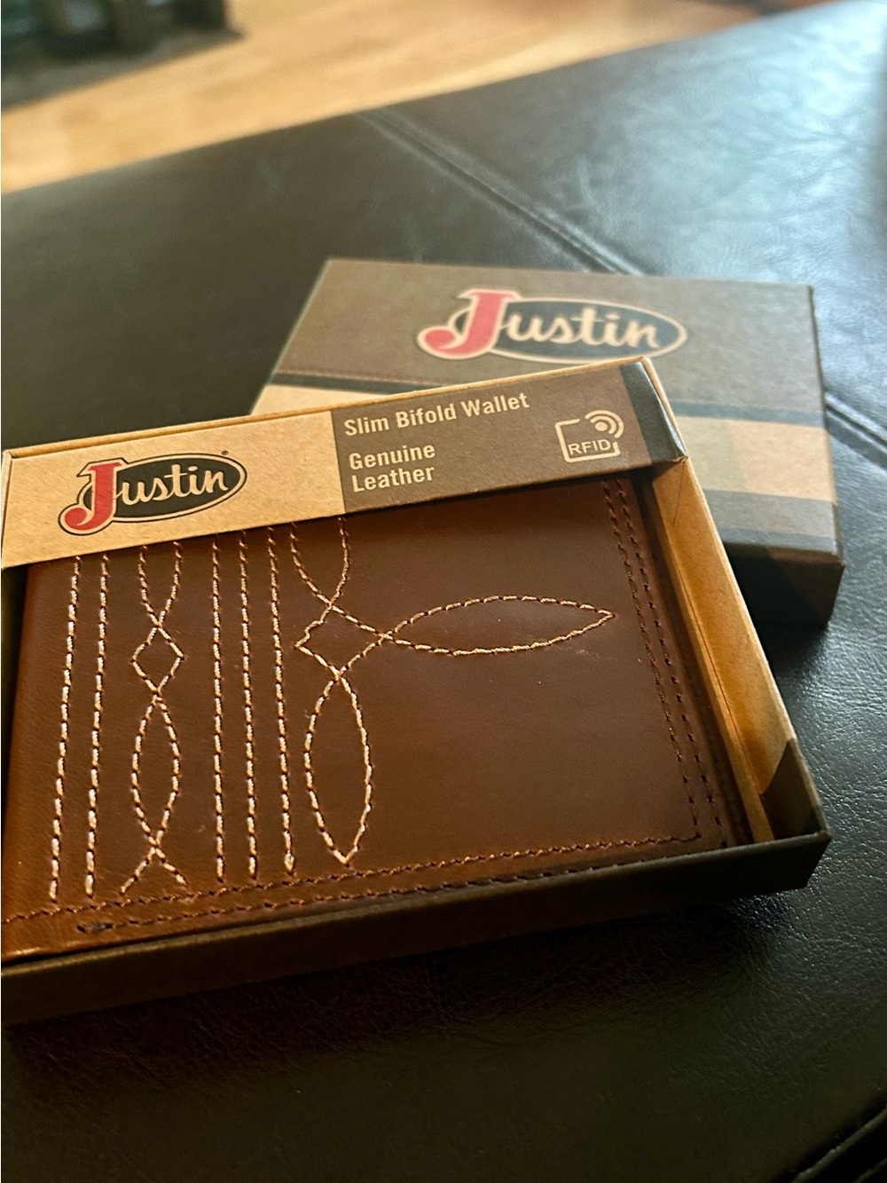Justin Boots Brown Leather Slim Bifold Wallet with Decorative Stitching
